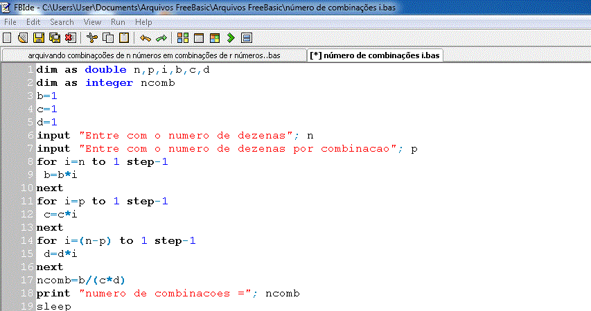 calculo numero de combinacoes